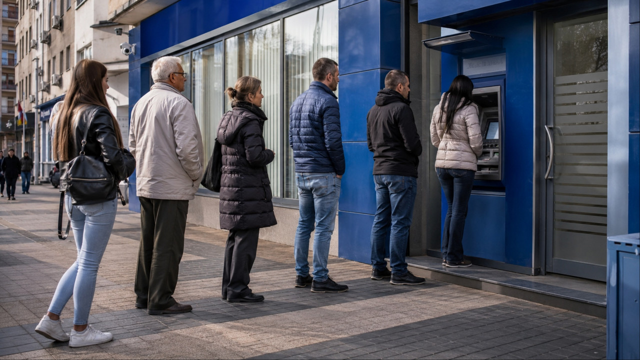 Ljudi stoje u redu podižu platu