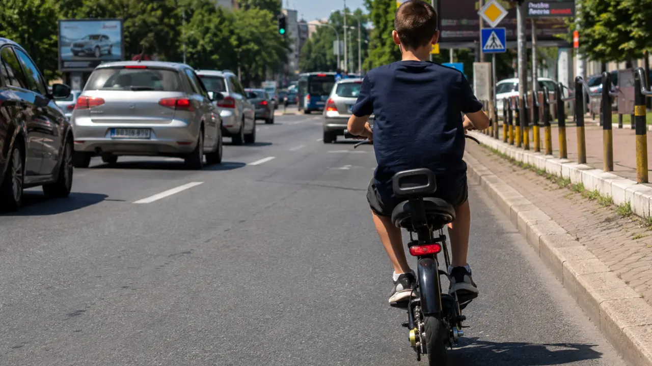 Dečak vozi električni moped na ulici - ilustracija